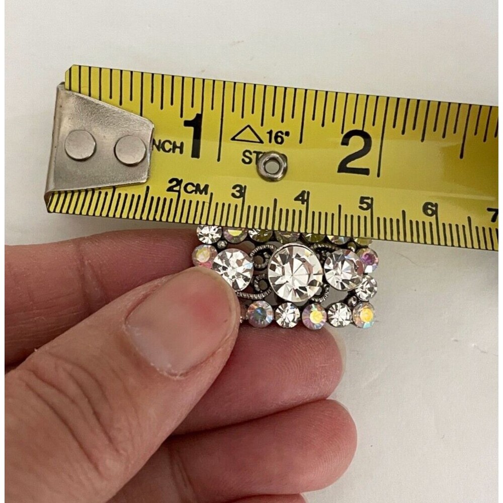 Large Rectangular Button Silver Tone Filagree w/Clear & Iridescent Rhinestones - Picture 8 of 13
